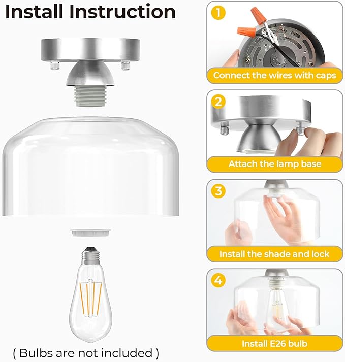 LACCEN Semi Flush Mount Ceiling Light Silver, Clear Glass Pendant Lamp Shade, Modern Farmhouse Light Fixture for Hallway Corridor Kitchen Entryway Bedroom, Bulb Not Included