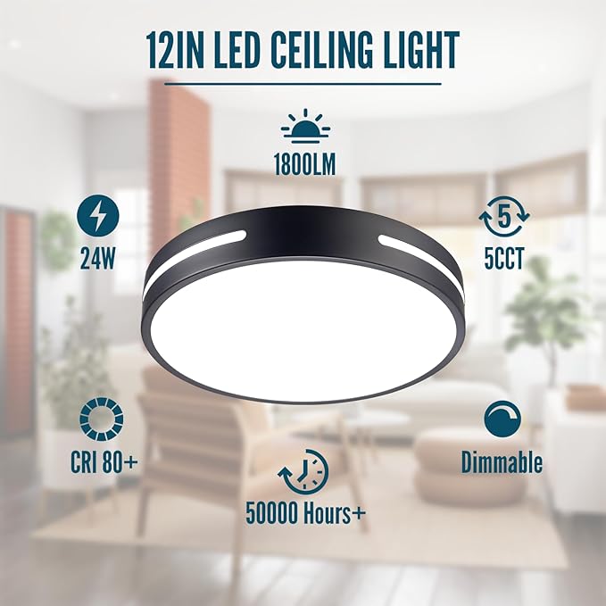 LED Ceiling Light Flush Mount 24W, Black Kitchen Light Fixture Ceiling Mount Dimmable, 12 inch Close to Ceiling Light Fixture 5CCT for Bedroom, Bathroom, Living Room
