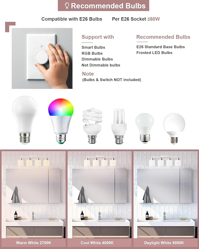 Sailstar 4-Light Bathroom Light Fixtures Over Mirror, Glass Shade & Anti-Rust Nickel Finished,Brushed Nickel Vanity Lights, Modern Bathroom Vanity Light, Bathroom Light for Small Space