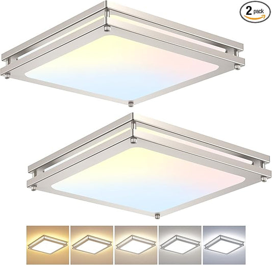 Square Flushmount Ceiling Light - 36W 3000K/3500K/4000K/5000K/6000K Dimmable Bright Led Light for Bathroom Bedroom Kitchen Hallway (2 Pack Brushed Nickel (5CCT), 12 Inch)