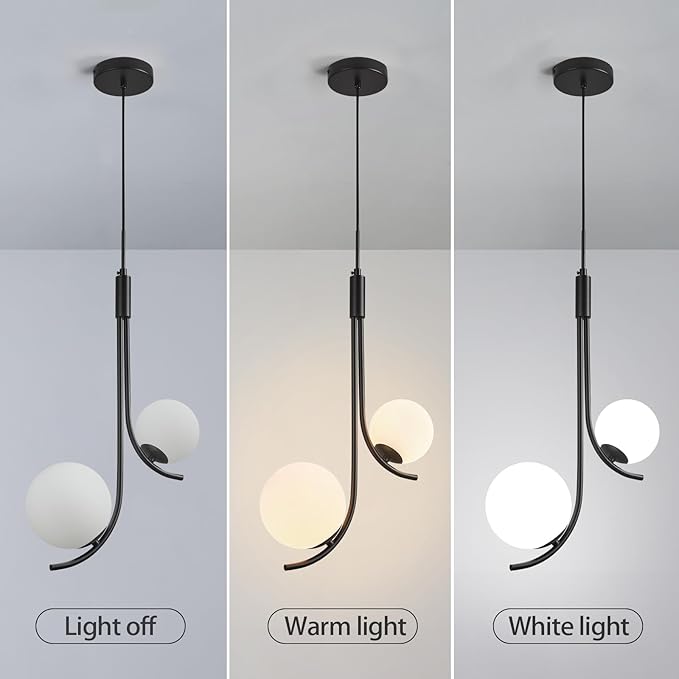 Modern Pendant Light Fixture Black Globe Pendant Lights Kitchen Island White Frosted Milk Glass Sputnik Chandelier Vintage for Kitchen, Office, Entryway (2-Light)