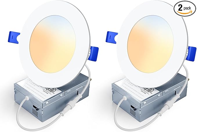 2 Pack 4 Inch 5CCT LED Recessed Light, Silm Canless Recessed Lighting, Dimmable, Damp Rated, 2700K-5000K Selectable, Wafer Ceiling Downlight with Junction Box, 750LM, 9W 120V, ETL&FCC