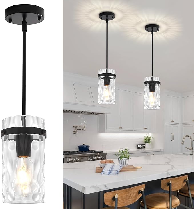 2 Pack Modern Pendant Lights Kitchen Island Black Pendant Lighting Over Island, Hand-Blown Glass Kitchen Hanging Pendant Lights Mini Chandelier for Dining Room Bedroom Hallway Bathroom Foyer Lighting