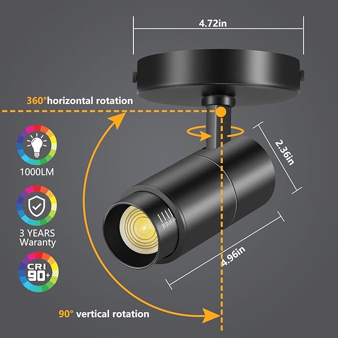 VANoopee 3-Color Zoomable Ceiling Spot Lights Indoor Flush Mount Adjustable LED Ceiling Spotlight Directional Light Fixture Dimmable Accent Light for Picture Art -CRI90 15-60° 10W 1000lm Black