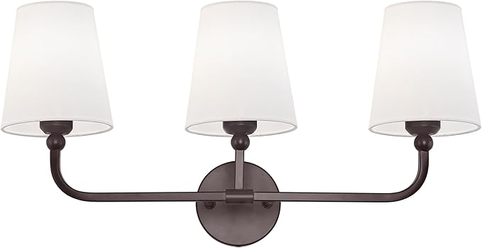 Bathroom Light Fixtures, 3-Light Oil Rubbed Bronze Vanity Lights with Flared White Fabric Shade, Vintage Sconces Wall Lighting for Hallway Bedroom, VL837-ORB-3