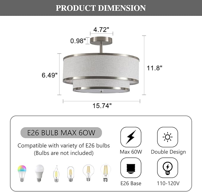 Farmhouse Close to Ceiling Light, 3-Light Flush Mount Ceiling Light Fixture with 2-Layer Fabric Shade, Modern Drum Ceiling Lamp for Hallway Bedroom Living Room (Brushed Nickel)