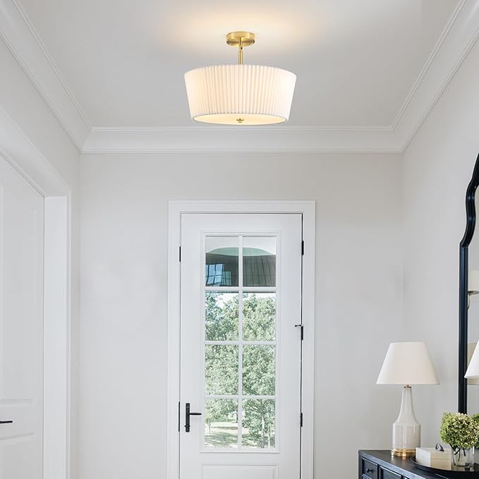 Gold Semi Flush Mount Ceiling Light, 3-Lights Modern Cone Drum Light Fixture with White Pleated Fabric Shade 17.71” Close to Ceiling Lights Fixture for Nursery Hallway Bedroom Living Room