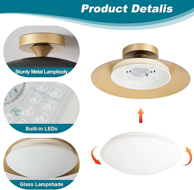 Dimmable Modern Semi Flush Mount Ceiling Light Fixture,Small Black and Gold LED Glass Shade Kitchen Ceiling Lights,5CCT In One Light Fxiture for Hallway Entryway Bedroom Laundry Room Foyer(11.81in)