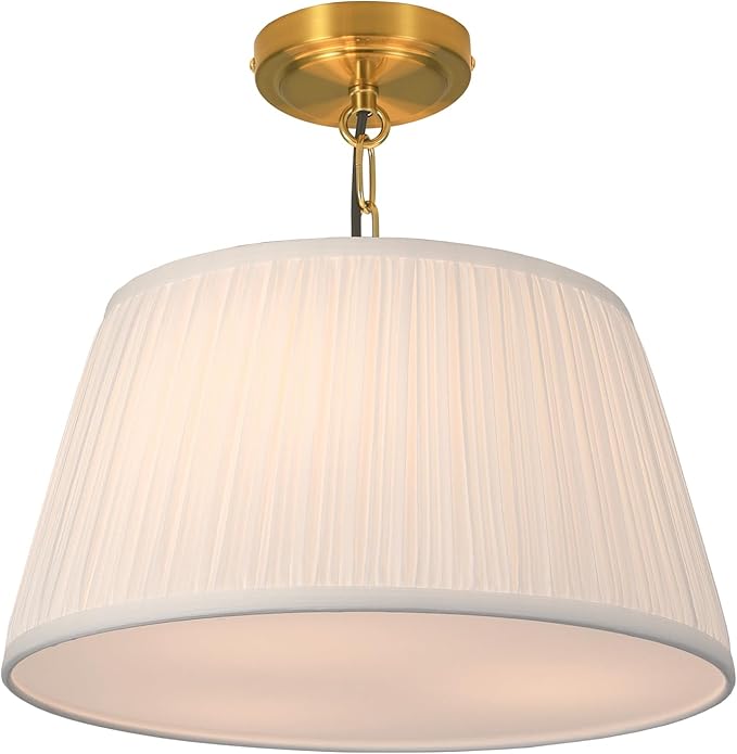 Electro bp; 15”Dia White Pleated Fabric Drum Shade Ceiling Light Fixture Farmhouse Brocade Linen Cone Shape Close to Semi-Flush Mount,Polished Gold,3 Sockets,E26,180W,Large;