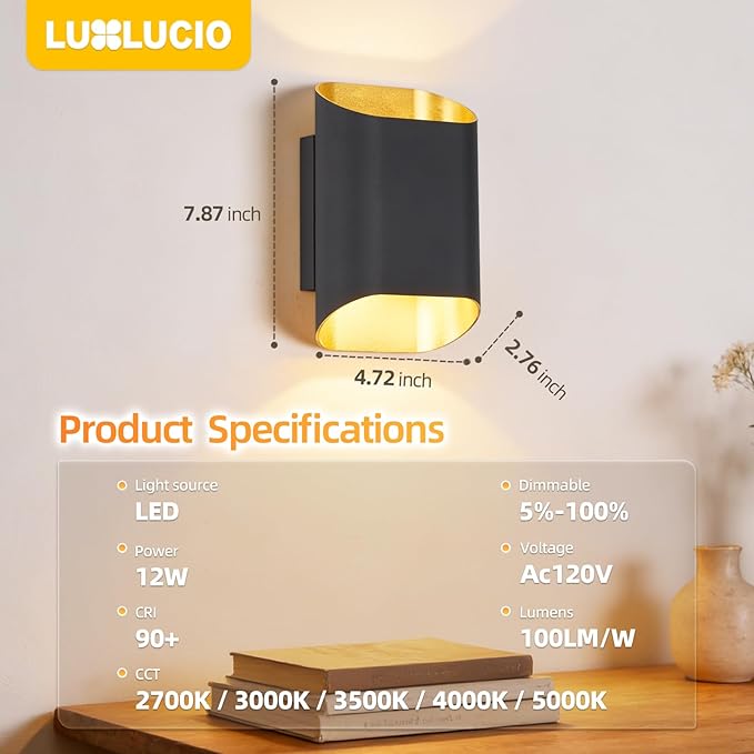 1 Pack Black & Gold Up & Down Wall Sconce Lamp 5%-100% Dimmable, Modern Indoor/Outdoor Light, IP65 Waterproof, 120V, 1200LM, 12W, 2700K-5000K 5-Color Selectable, CRI90+, ETL FCC Certified