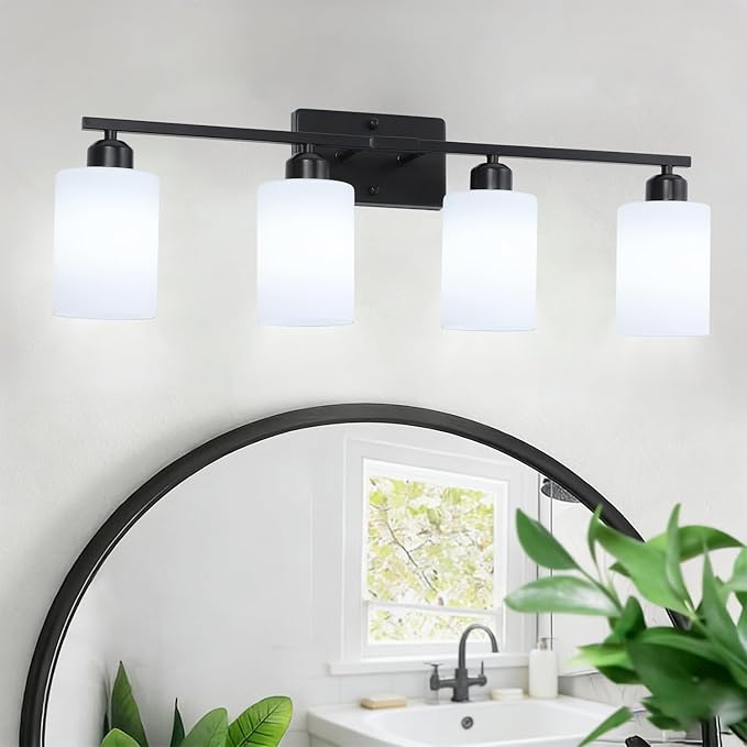 SOTTAE 4-Light Bathroom Vanity Lights, Modern Vanity Lighting with Milky White Shades, Anti-Rust Black Bathroom Light Fixtures Over Mirror, Bathroom Wall Lamp for Mirror Bathroom Living Room Cabinet