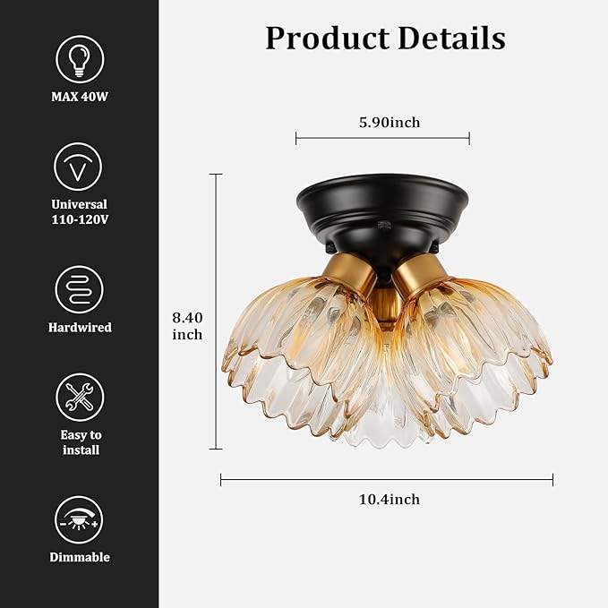TALOYA Semi Flush Mount Ceiling Light,3-Light Close to Ceiling Light Fixtures with Amber Tulip Glass Shades Modern Farmhouse Lighting Fixtures for Hallway Corridor Kitchen Bathroom Bedroom Passway