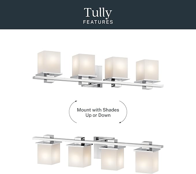 Kichler Tully 32" Vanity Light in Chrome, 4-Light Modern Bathroom Light with Satin Etched Cased Opal Glass, (32" W x 6.5" H), 45152CH