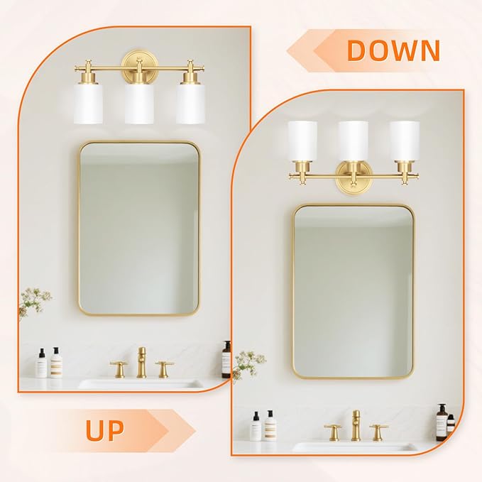 3-Light Gold Bathroom Vanity Light Fixtures, Brushed Gold Wall Sconce, Champagne Gold Vanity Light with Milky White Glass Shade Over Mirror, Bathroom, Bedroom, Modern Style, E26 Base