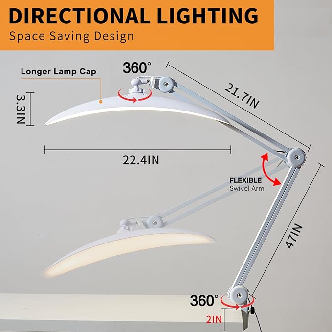 48W Eye-Caring LED Clip On Desk Lamp, 2700K/4200K/5600K with Remote, Curved Design for Focused Lighting, CRI 95+ for Nail, Crafting, Painting, Hobby & Computer