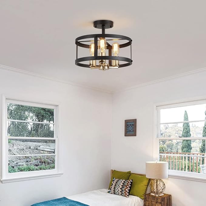 AGV LIGHTING Farmhouse Semi Flush Mount Ceiling Light Fixture， 3-Light Close to Ceiling Light, Shiny Gold & Matte Black Finish