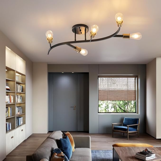 Modern Sputnik Semi Flush Mount Ceiling Light Fixture Black and Gold,5-Lights Mid Century Sputnik Chandelier for Dining Room,Kitchen,Hallway,Laundry Room,Bedroom(Bulbs Not Included)