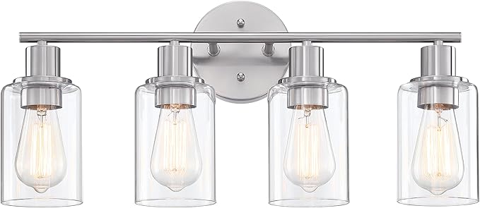 Pia Ricco Bathroom Vanity Light Fixtures, 4-Light Bathroom Wall Lights with Clear Glass Shades, Modern Wall Sconce Over Mirror, Bath Wall Sconces for Mirror Living Room Bedroom Hallway