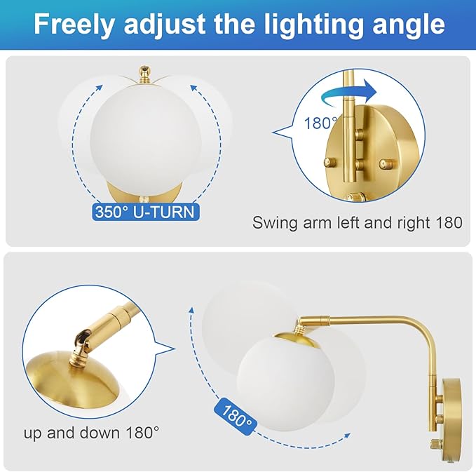 VATONI Dimmable Wall Sconces Plug in, Swing Arm Wall Lights with Plug in Cord and Dimmer On/Off Knob Switch, Dimmable Wall Light with Milky White Glass Globe Shade(2 Bulbs Included)