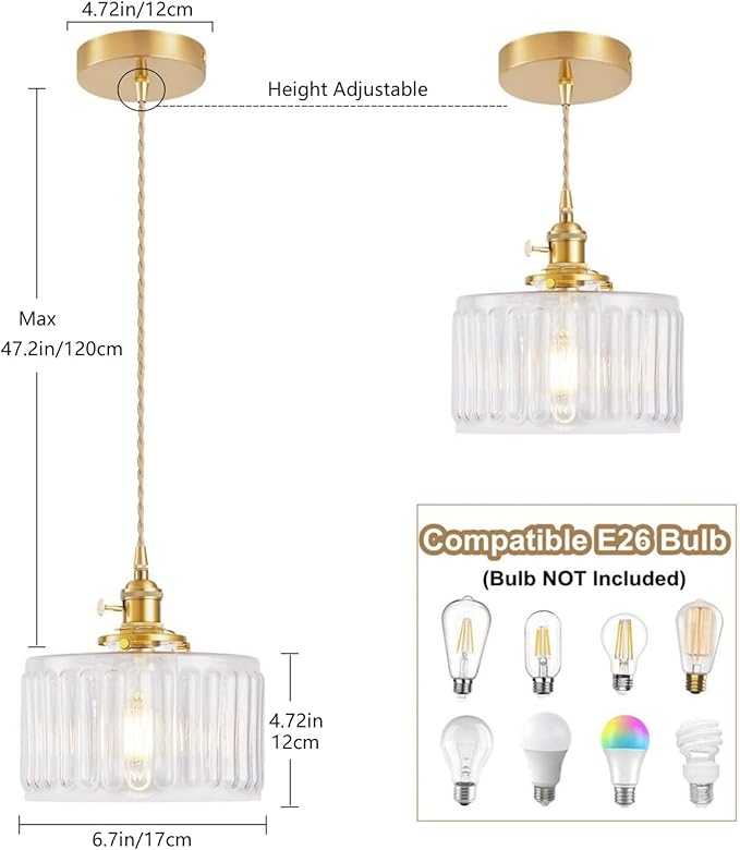 Glass Pendant Light 2 Pack Vintage Brass Hanging Lamp Farmhouse Rustic Industrial Gold Pendant Lighting Fixtures for Kitchen Island Dining Room Hallway
