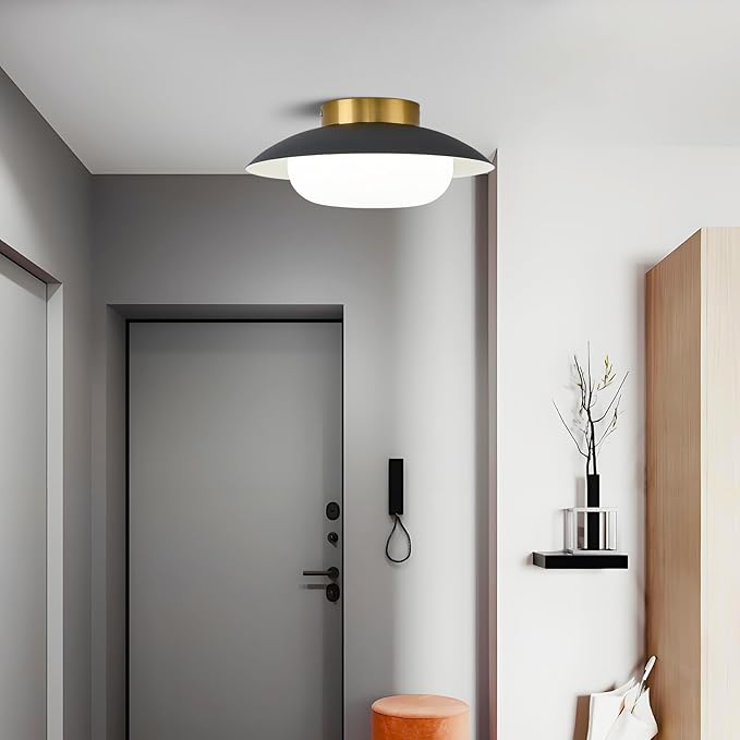Modern LED Semi Flush Mount Ceiling Light Fixture,Energy Saving 24W Non Dimmable,Black and Gold,Easy to Install,for Hallway Bedroom Kitchen Bathroom Closet Entryway Laundry Room,5000K(11.81")