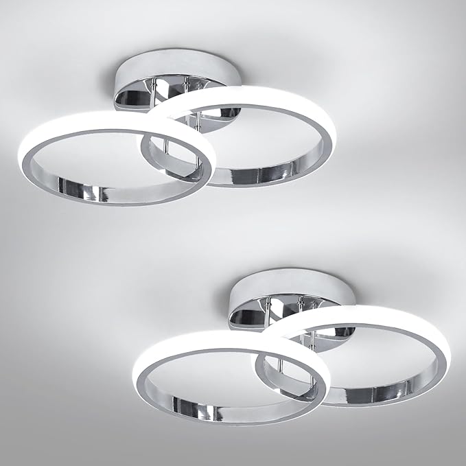 CANEOE 2 Packs Modern Led Ceiling Light Fixtures, 6000K Cool White Hallway Light Fixtures Ceiling, Bathroom Close to Ceiling Lights for Corridor Stair Aisle Lamps (Chrome, 2 Packs)