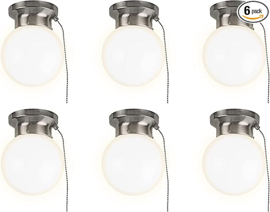 Ultralux 6" Utility LED Glass Flush Mount with Pull Chain - Globe Light Fixture - 500 Lumens 3000K Light Fixture for Closet, Pantry, Shed, Laundry Room - ETL-Certified (Brushed Nickel, 6-Pack)