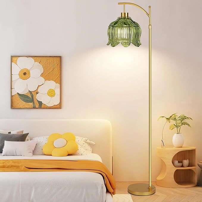QIYIZM Glass Floor Lamp for Living Room,Bedroom,Gold Dimmable Standing Lamp with Remote,Mid Century Modern Brass Tall Lamp Boho Vintage Floor Lamps Arc Green Tulip Flower Floor Light Lamp Bohemian