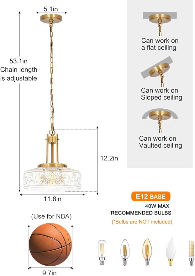 Vintage 3-Light Pendant Lights Kitchen Island, Gold Brushed Metal & Clear Glass Ceiling Pendant Light, Adjustable Antique Large Chandelier Light Fixture Over Table ,Bathroom, Breakfast, Hallway, E12*3