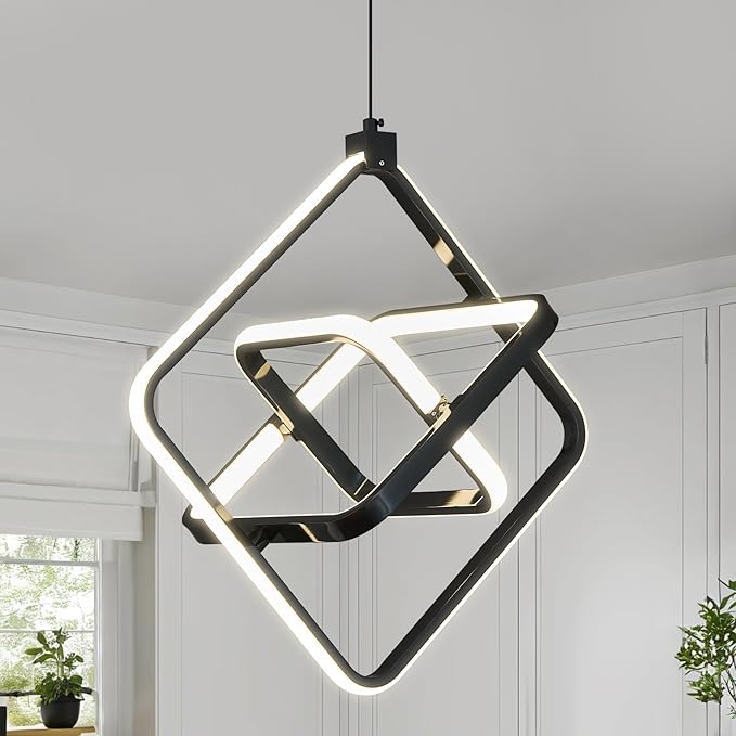 Modern LED Pendant Light Black Pendant Lights 4000K 35W Dimmable External Glow Height Adjustable Pendant Lighting Rectangle Chandelier for Kitchen Island Dining Room Bedroom Foyer（3-Ring）