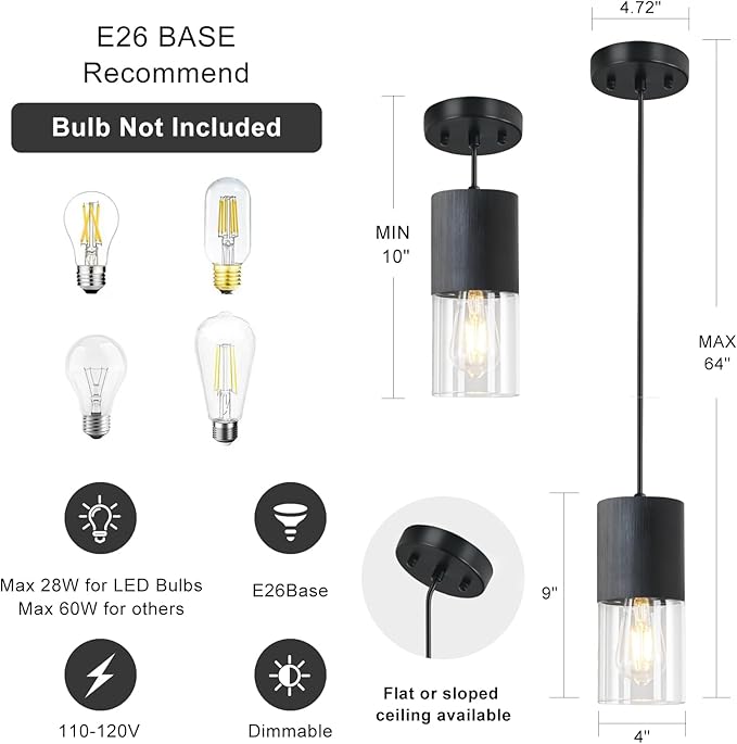 3-Pack Black Pendant Light Fixtures, Adjustable Modern Pendant Lights for Kitchen Island, Industrial Clear Glass Pendant Lights for Dining Table Hallway Bedroom Living Room