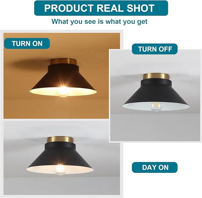 Black Modern Flush Mount Ceiling Light,Metal Semi Flush Mount Ceiling Light Fixture,Mid Century Light Fixture Black and Gold Ceilings Light for Hallway Kitchen Entryway Bedroom Laundry Room,11.81in