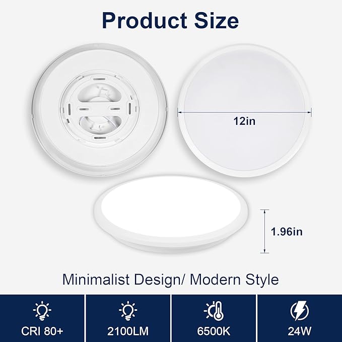 4 Pack 12 Inch Round LED Ceiling Light Fixture, 6500K Daylight Outdoor/Indoor Ceiling Light Fixture, 24W IP54 Waterproof Flat Round White Ceiling Lamp for Living Room Laundry Bedroom Hallway
