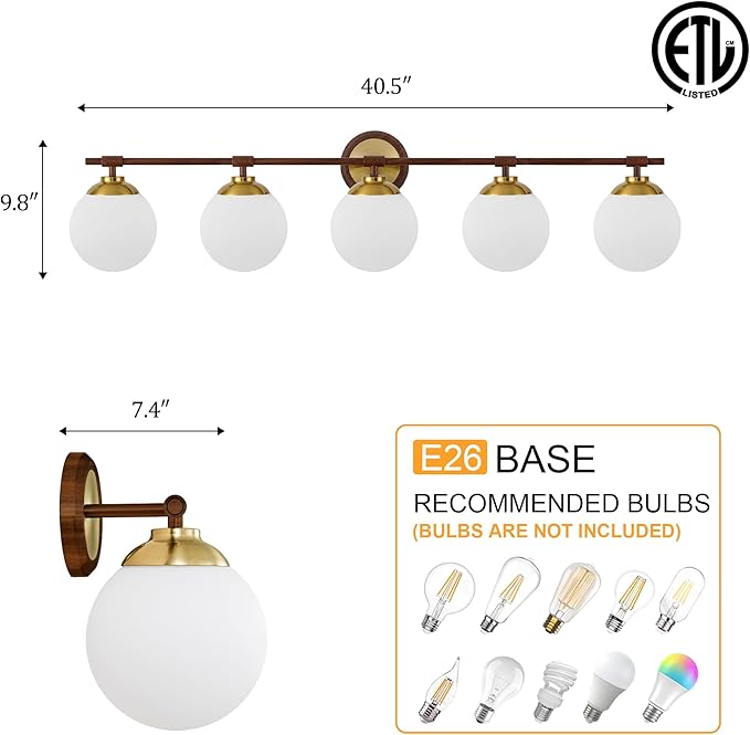 Rayogale Walnut Bathroom Light Fixtures, ETL 5 Lights Vanity Lights Over Mirror with Milk Glass Soft Lighting 41 Inch Bathroom Sconces(Exclude E26 Bulb)