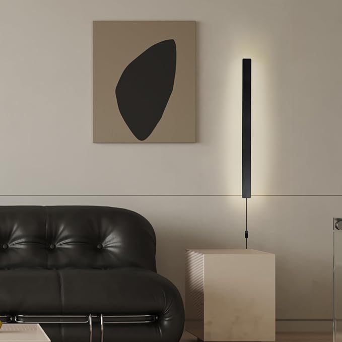 KELUOLY Modern Plug in Wall Lights, 31.4 inch Frosted Black LED Long Wall Sconce, 16W Warm White 3000K Acrylic Indoor Wall lamp,with 59" Plug Cable for Bedroom, Living Room, Hallway