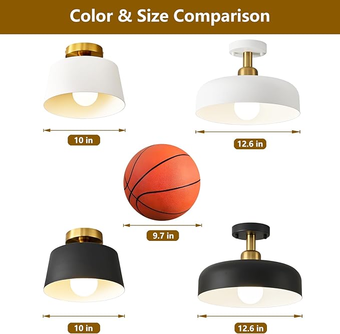 Modern Semi Flush Mount Ceiling Light,Metal Ceiling Light Fixture,E26 Ceramic Lamp Head,White and Gold Ceiling Lamp for Hallway Kitchen Entryway Bedroom Laundry Room (10Inch)