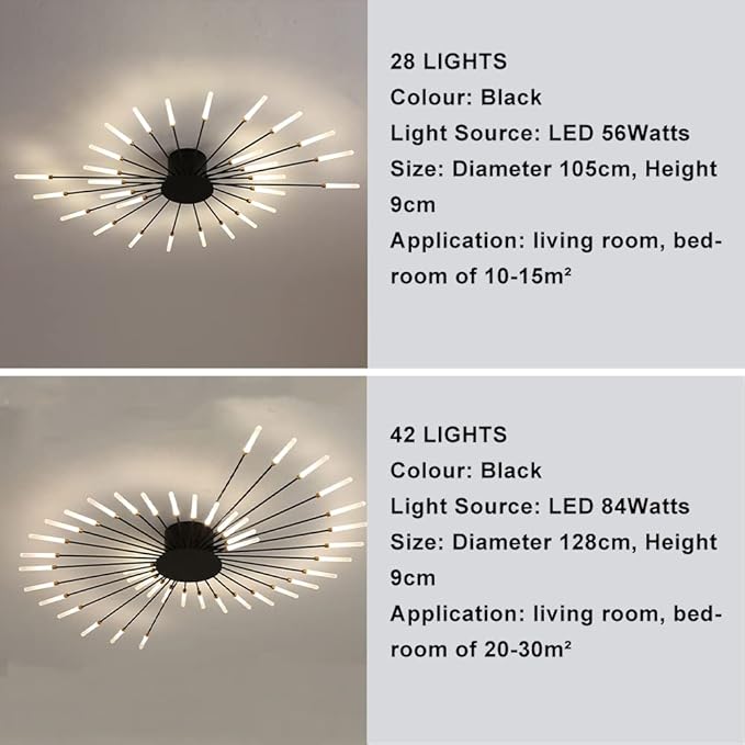 JAYMP 41.3" Ceiling Light Modern Flower Shape Ceiling Lamp for Dining Room Kitchen Hallway Flush Mount Metal Acrylic Sputnik Firework Petal LED Lighting Fixture (Matte Black, 28 Lights)