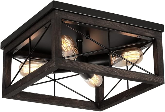 eyassi Wooden Flush Mount Ceiling Light, 4-Light Rustic Farmhouse Light Fixtures, Industrial Square Ceiling Light Fixture with E26 Socket for Kitchen Entryway Living Room Dining Room Bedroom