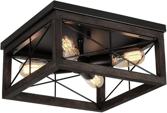 eyassi Wooden Flush Mount Ceiling Light, 4-Light Rustic Farmhouse Light Fixtures, Industrial Square Ceiling Light Fixture with E26 Socket for Kitchen Entryway Living Room Dining Room Bedroom
