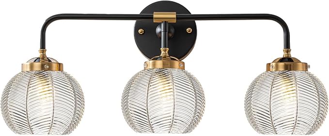 Bathroom Vanity Light fixtures 3 Light Glass Globe Wall Sconce Lights Black Wall Mount Light with Clear Glass Shade, Mid Century Modern Wall Sconce for Over Mirror Bedroom Hallway (3-Lights)
