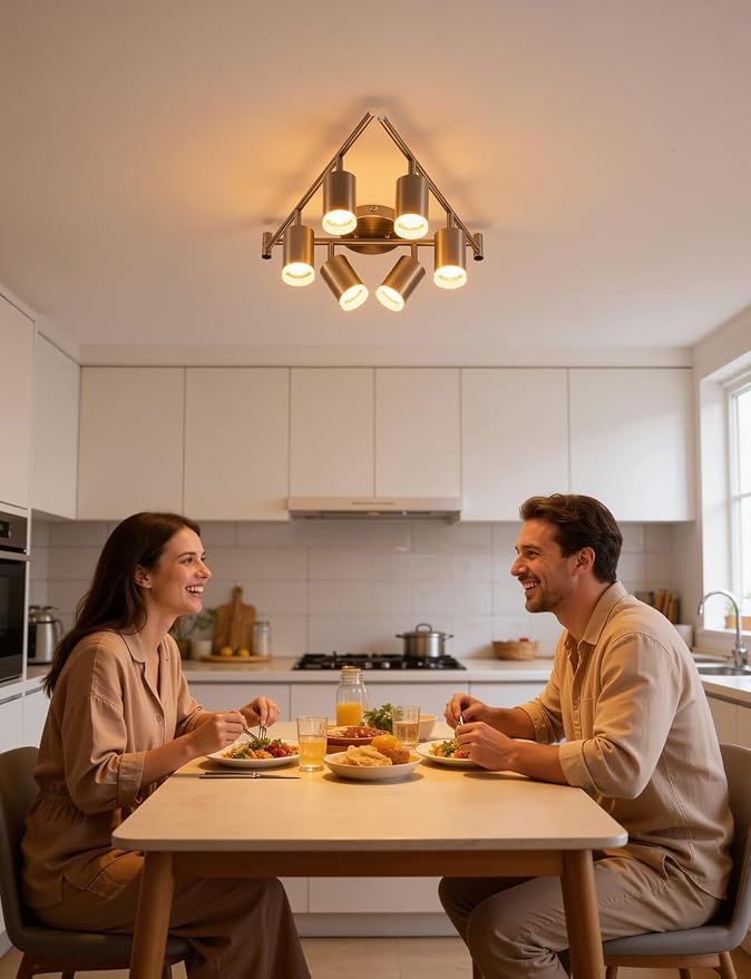 Bojim Track Lighting Fixtures Ceiling Mount for Kitchen, Nickel 6 Way LED Spot Lights Indoor, Flexible Modern Track Light GU10 Socket for Dining Room, Bulbs Not Included