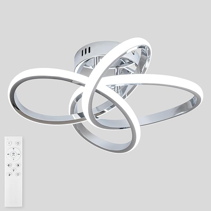 Modern LED Ceiling Light with Remote Control, Stepless Dimming, 3000-6000K Selectable, 36W, Dimmable LED Chandelier for Bedroom, Bathroom, Entryway, Hallway, Chrome Finish