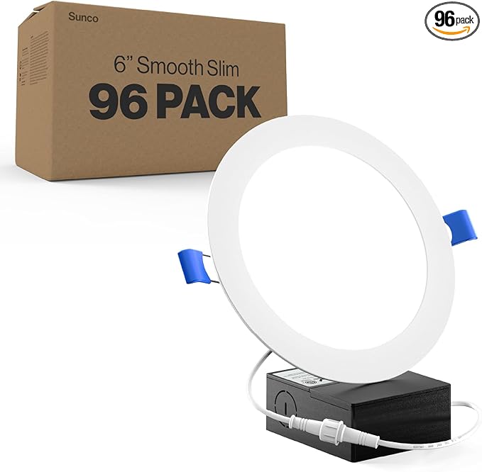 Sunco 96 Pack 6 Inch Ultra Thin LED Recessed Ceiling Lights, Slim Canless with Junction Box, 850 LM, 5000K Daylight, Dimmable, 14W=100W, Wafer Thin, 50000 Lifetime Hours ETL.