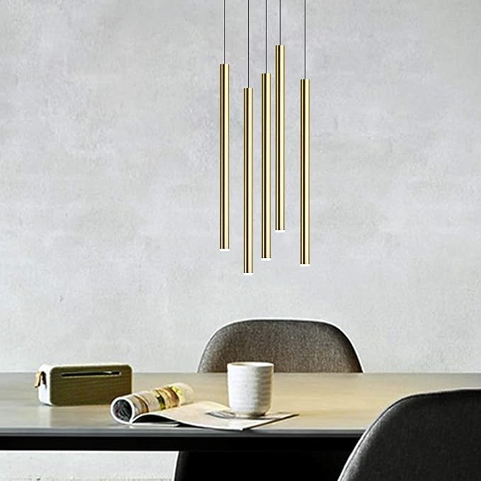 CANALIS 5 Mini Pendant Lighting Brass - LED Hanging Light Fixture for Kitchen Island, Bar, Foyer - Cluster Pendants - Dimmable, Adjustable Wire, Lamp Bulb Included
