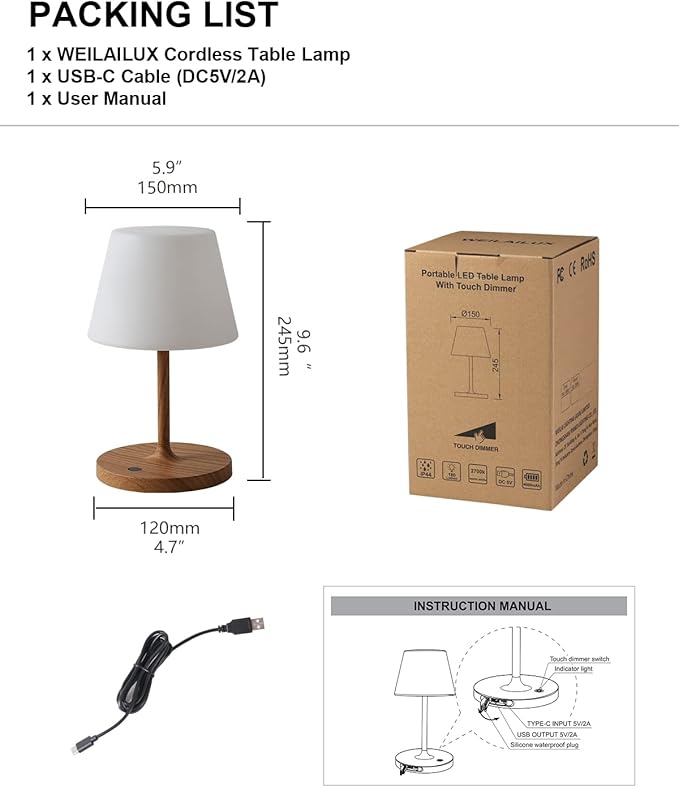 WEILAILUX Outdoor Battery Operated Table Lamp Waterproof, 4000mAh Cordless Table Lamp Rechargeable, Touch Dimmable Desk Lamp, LED Night Light for Patio Camping Restaurant Home (Wood Grain, 9.6in)