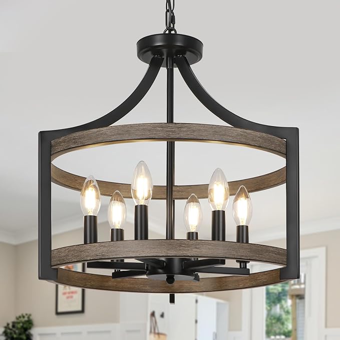 6-Light Farmhouse Chandelier, Rustic Semi Flush Mount Ceiling Light Modern Faux Wood Black Vintage Cage Hanging Pendant Light Fixture for Dining Room Kitchen Foyer Hallway Entryway Bedroom