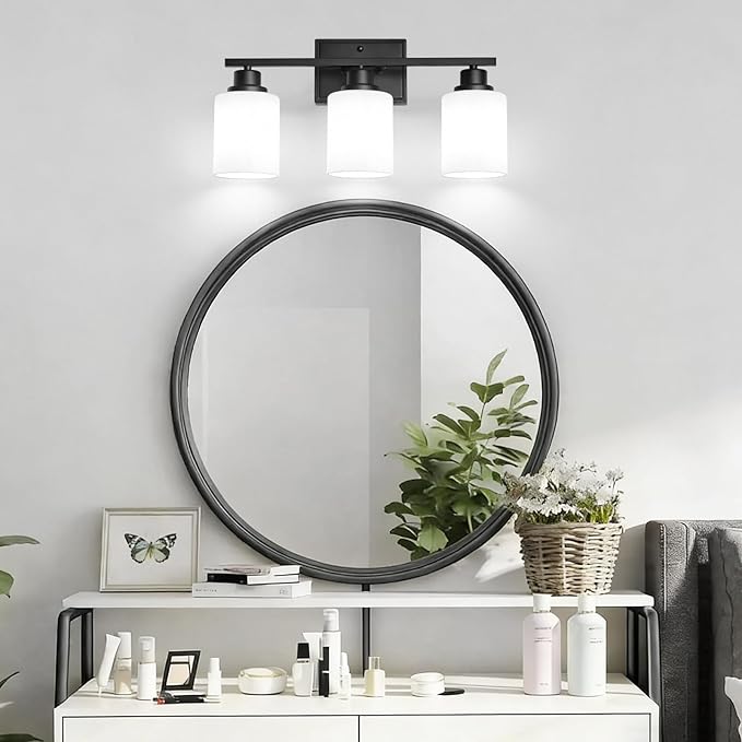Unicozin 3-Light Bathroom Light Fixtures, Modern Black Vanity Light Over Mirror, Wall Sconces with Milky White Glass Shades for Living Room Bedroom Hallway E26 Base