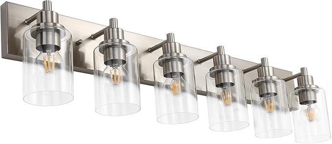 LOUSACE 6 Light Bathroom Vanity Light Brushed Nickel, Bathroom Lighting Fixtures with Clear Glass Shades Over Vanity Mirror, Modern Wall Sconces Fixtures for Bedroom Living Room, E26 Socket