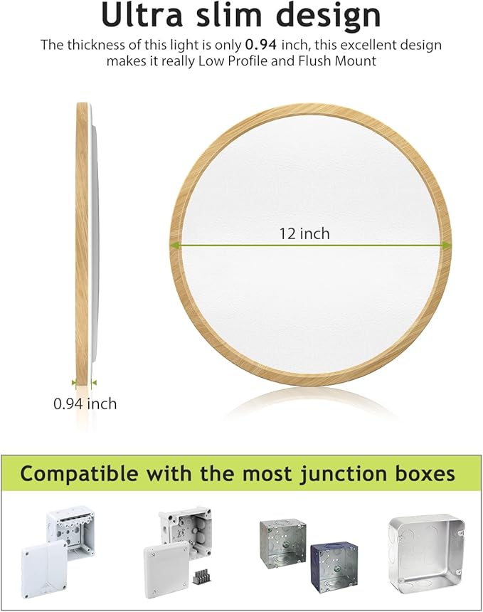 2PACK Flush Mount LED Ceiling Light Fixture Wooden, 12Inch 28Watt, Dimmable & 3000K-4500K-6000K 3 Color Selectable Ceiling Lamp 3200LM Low Profile Ceiling Light for Kitchen Bedroom Hallway Porch