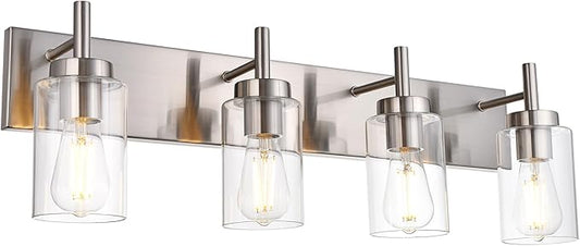VINLUZ 4 Lights Bathroom Vanity Light Fixture Brushed Nickel Sconces Wall Lighting Modern Industrial Indoor Wall Mounted Lamp for Kitchen Dining Room (Patent No.: US D958,438 S)
